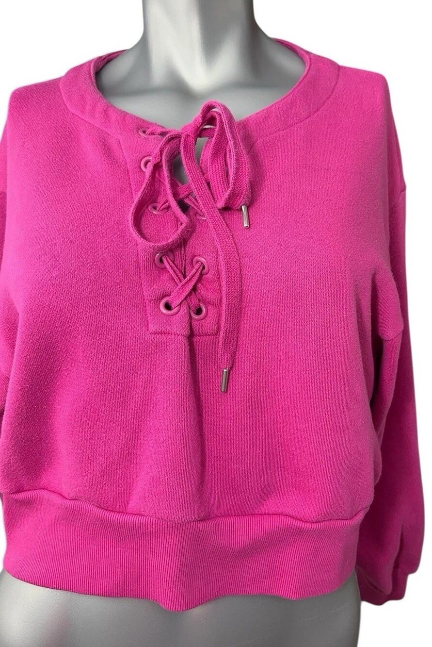Victoria’s Secret Lace Up Sweatshirt Pink Cropped Medium Fleece Womens Soft Glam